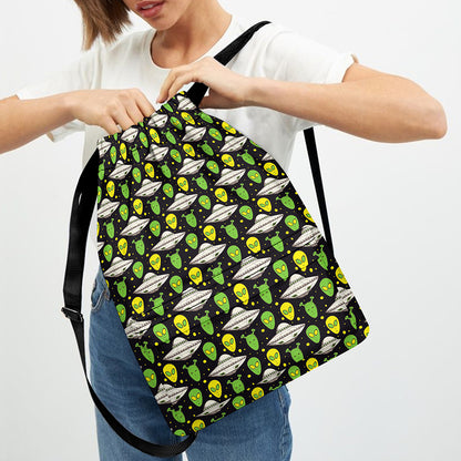 Green Alien UFO Space Print Drawstring Backpack