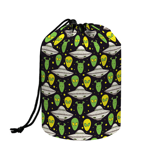 Green Alien UFO Space Print Drawstring Makeup Bag