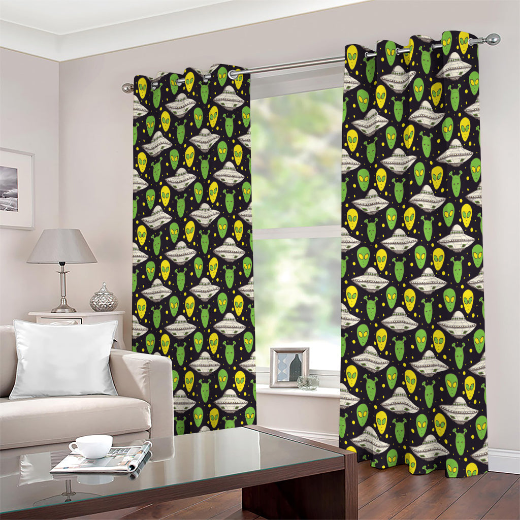 Green Alien UFO Space Print Extra Wide Grommet Curtains