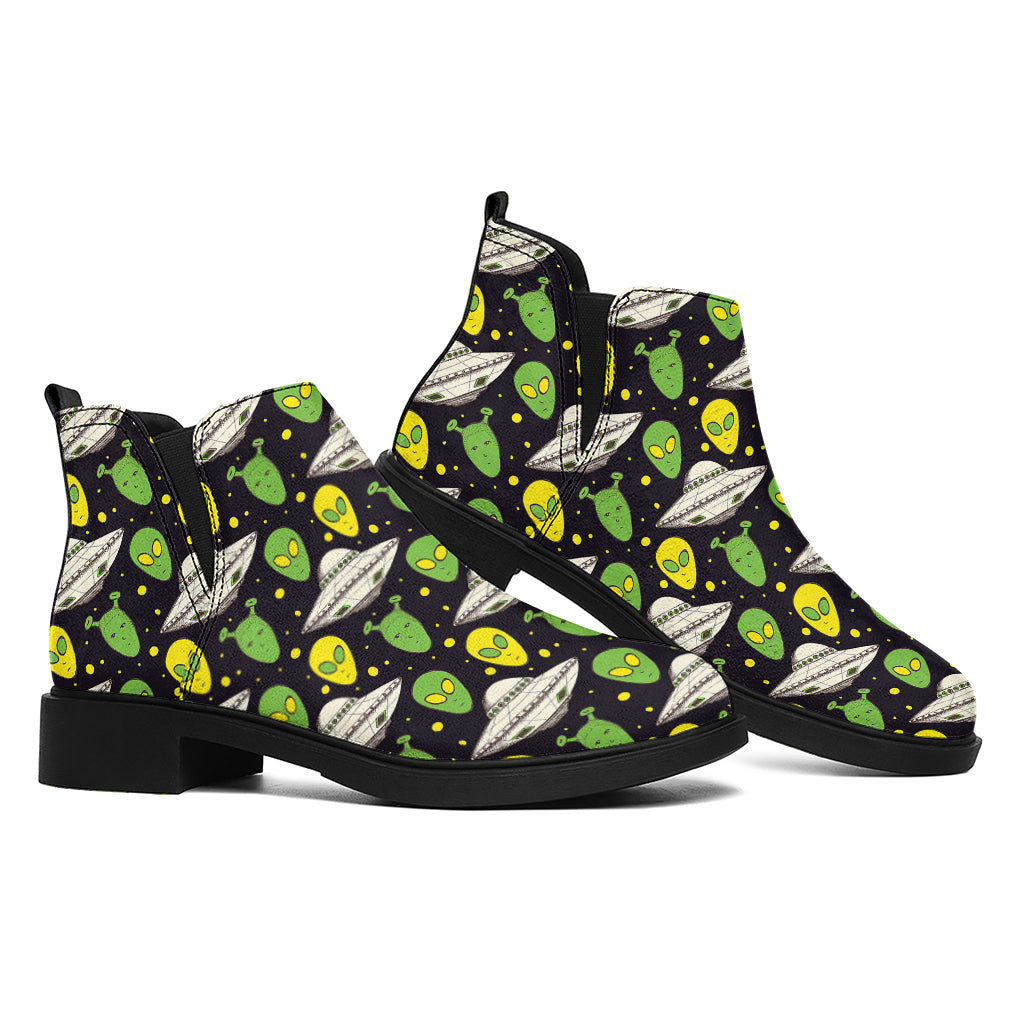 Green Alien UFO Space Print Flat Ankle Boots