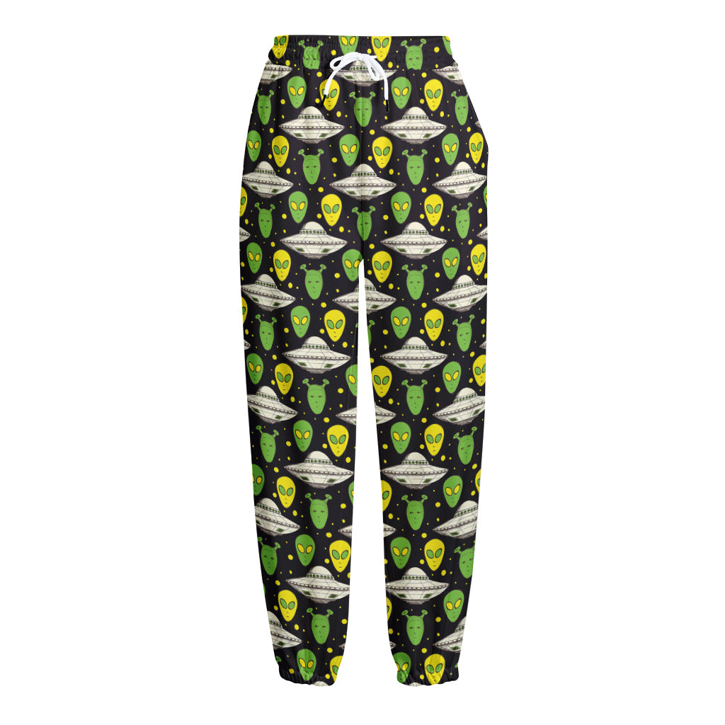 Green Alien UFO Space Print Fleece Lined Knit Pants