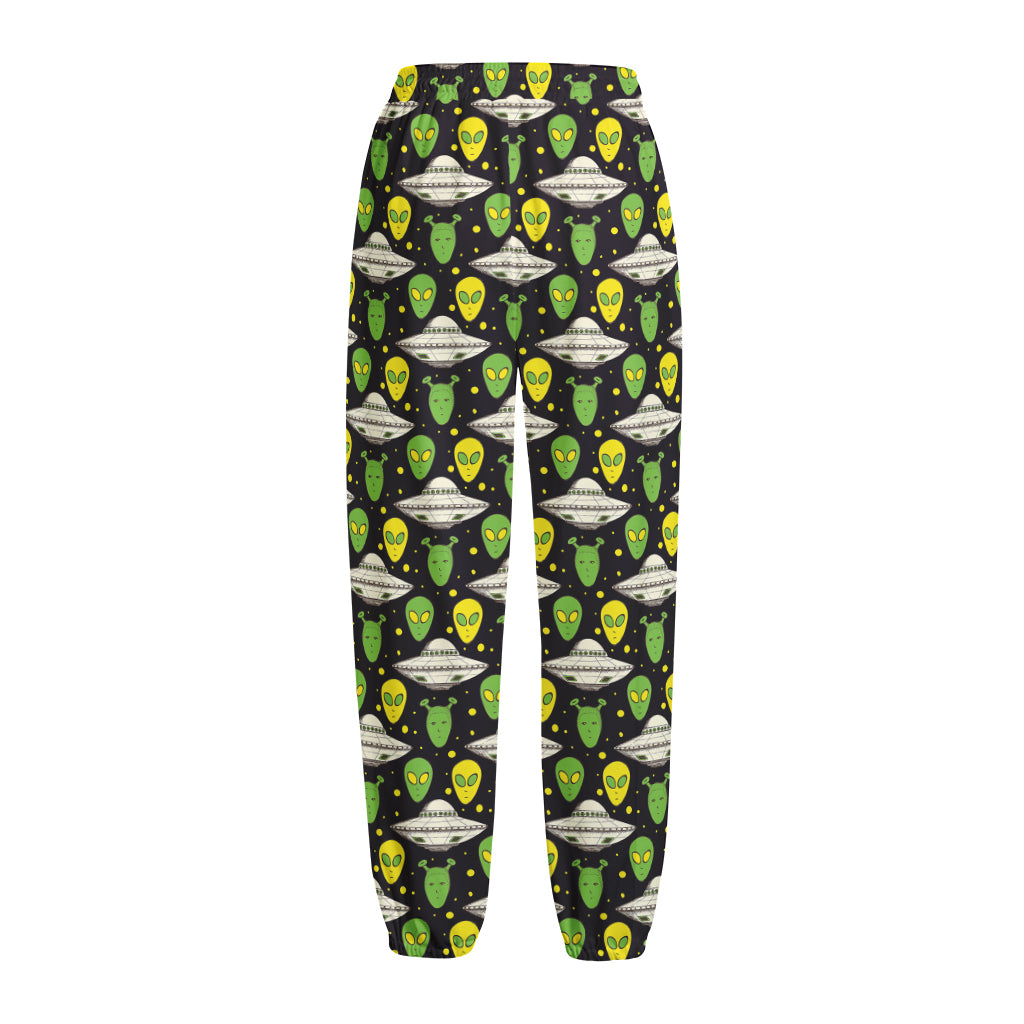 Green Alien UFO Space Print Fleece Lined Knit Pants