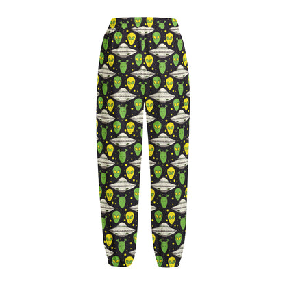 Green Alien UFO Space Print Fleece Lined Knit Pants