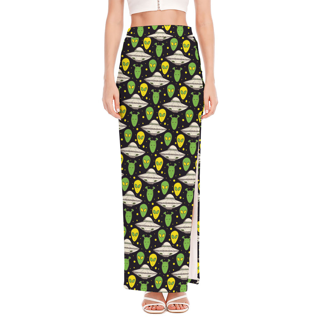 Green Alien UFO Space Print High Slit Maxi Skirt