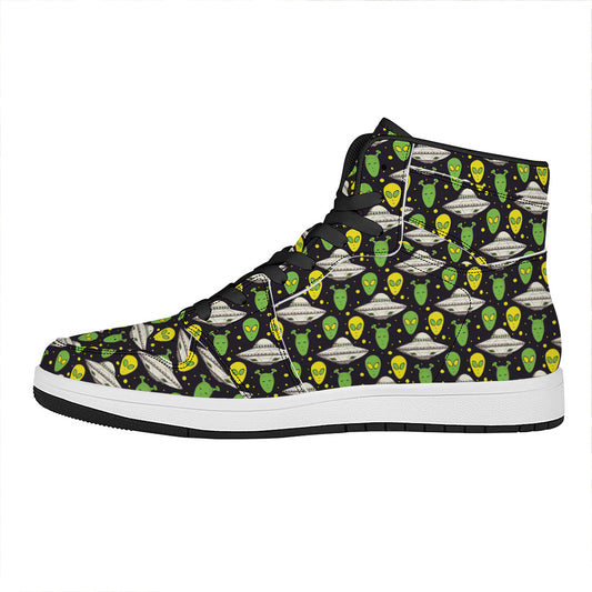 Green Alien UFO Space Print High Top Leather Sneakers