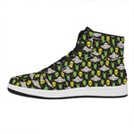 Green Alien UFO Space Print High Top Leather Sneakers