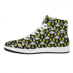 Green Alien UFO Space Print High Top Leather Sneakers