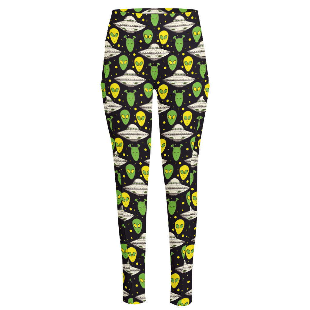 Green Alien UFO Space Print High-Waisted Pocket Leggings