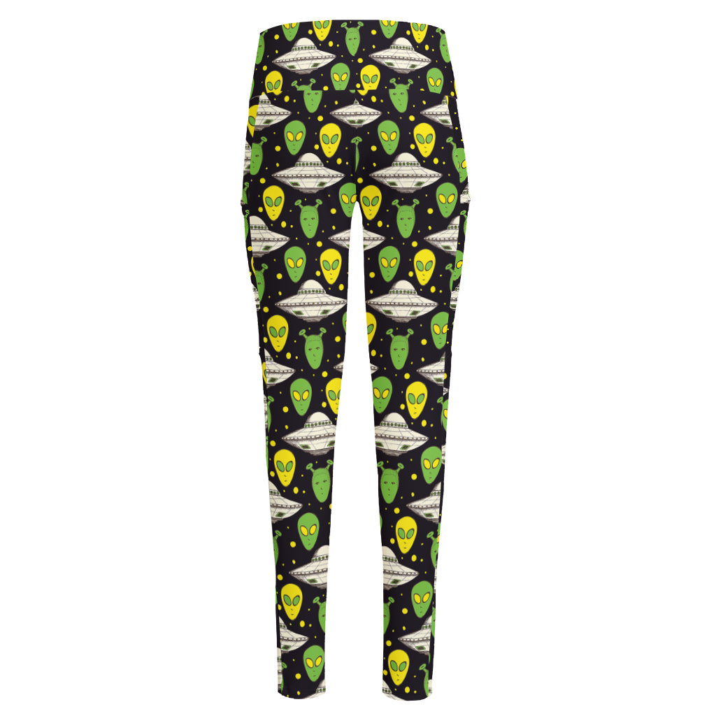 Green Alien UFO Space Print High-Waisted Pocket Leggings