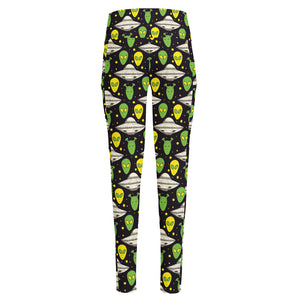 Green Alien UFO Space Print High-Waisted Pocket Leggings