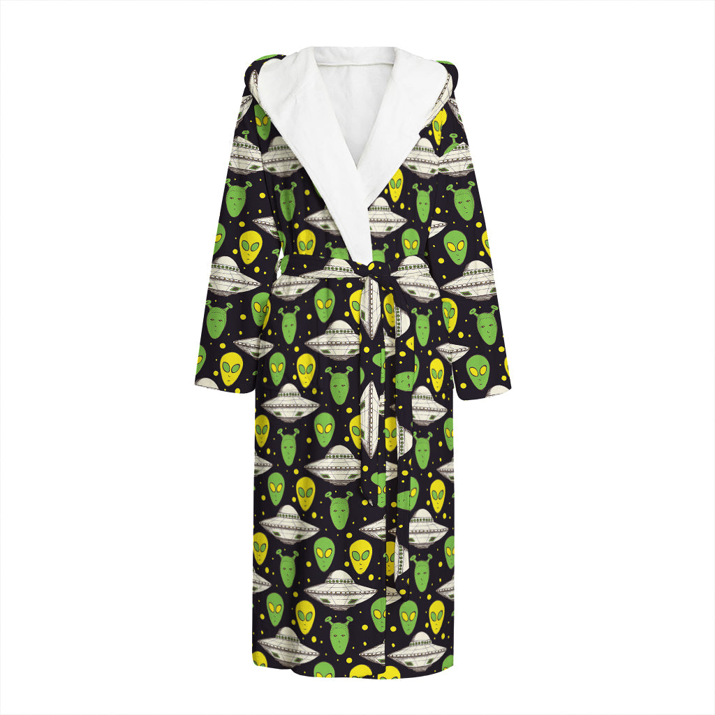 Green Alien UFO Space Print Hooded Bathrobe