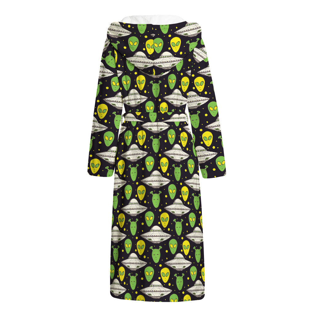 Green Alien UFO Space Print Hooded Bathrobe