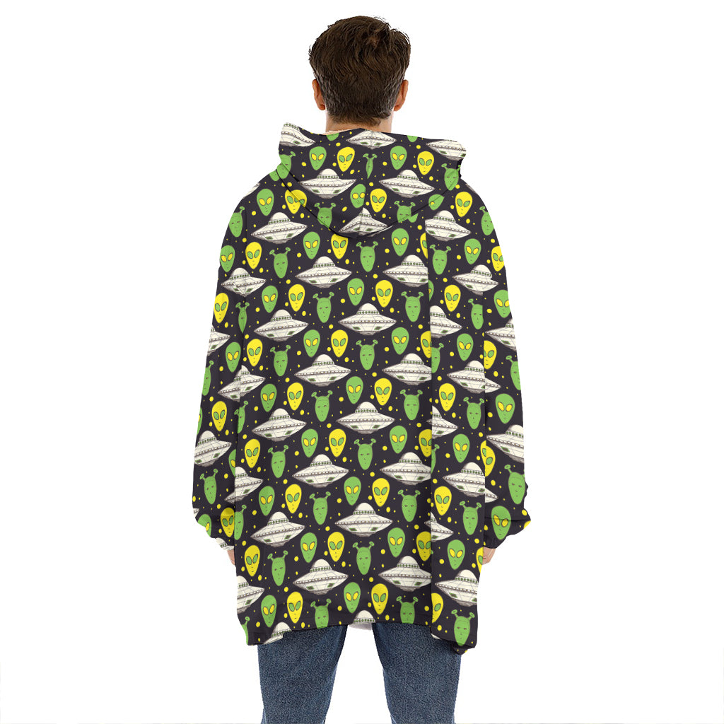 Green Alien UFO Space Print Hoodie Blanket