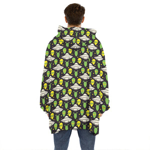 Green Alien UFO Space Print Hoodie Blanket