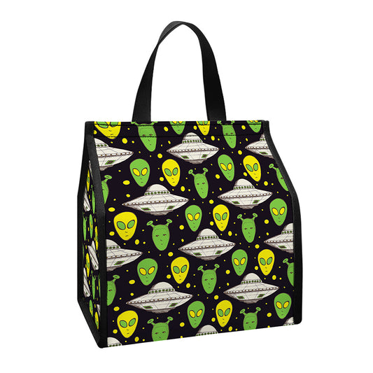 Green Alien UFO Space Print Insulated Lunch Tote