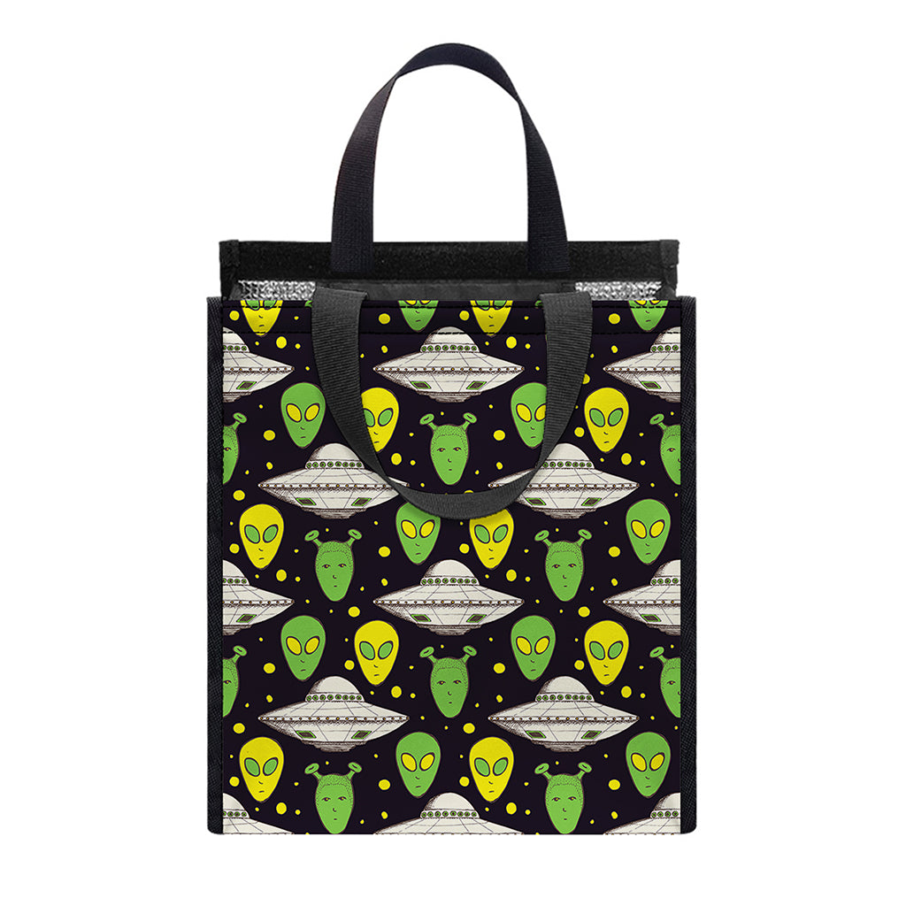Green Alien UFO Space Print Insulated Lunch Tote