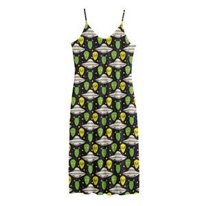 Green Alien UFO Space Print Jersey Midi Cami Dress