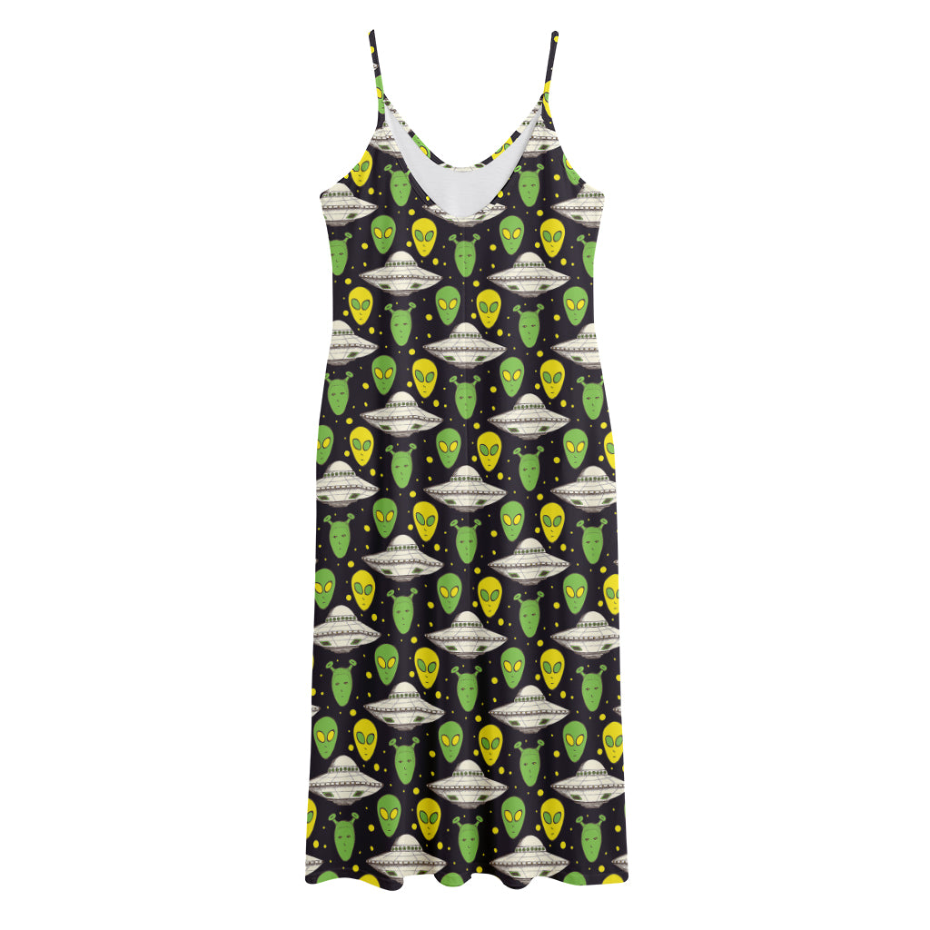 Green Alien UFO Space Print Jersey Midi Cami Dress