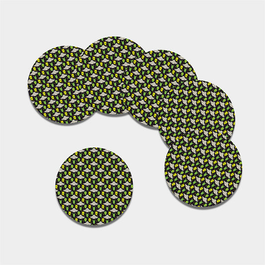 Green Alien UFO Space Print Leather Coaster Set