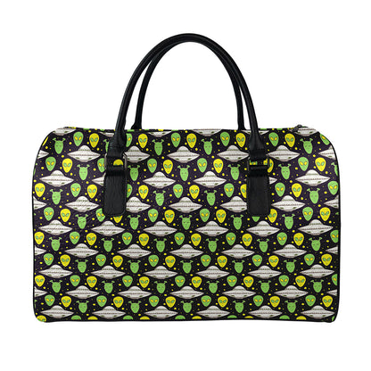 Green Alien UFO Space Print Leather Duffle Bag