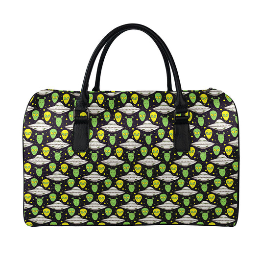 Green Alien UFO Space Print Leather Duffle Bag