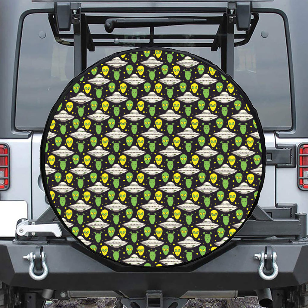 Green Alien UFO Space Print Leather Spare Tire Cover