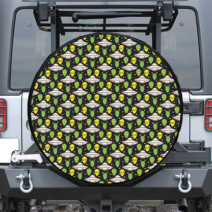 Green Alien UFO Space Print Leather Spare Tire Cover