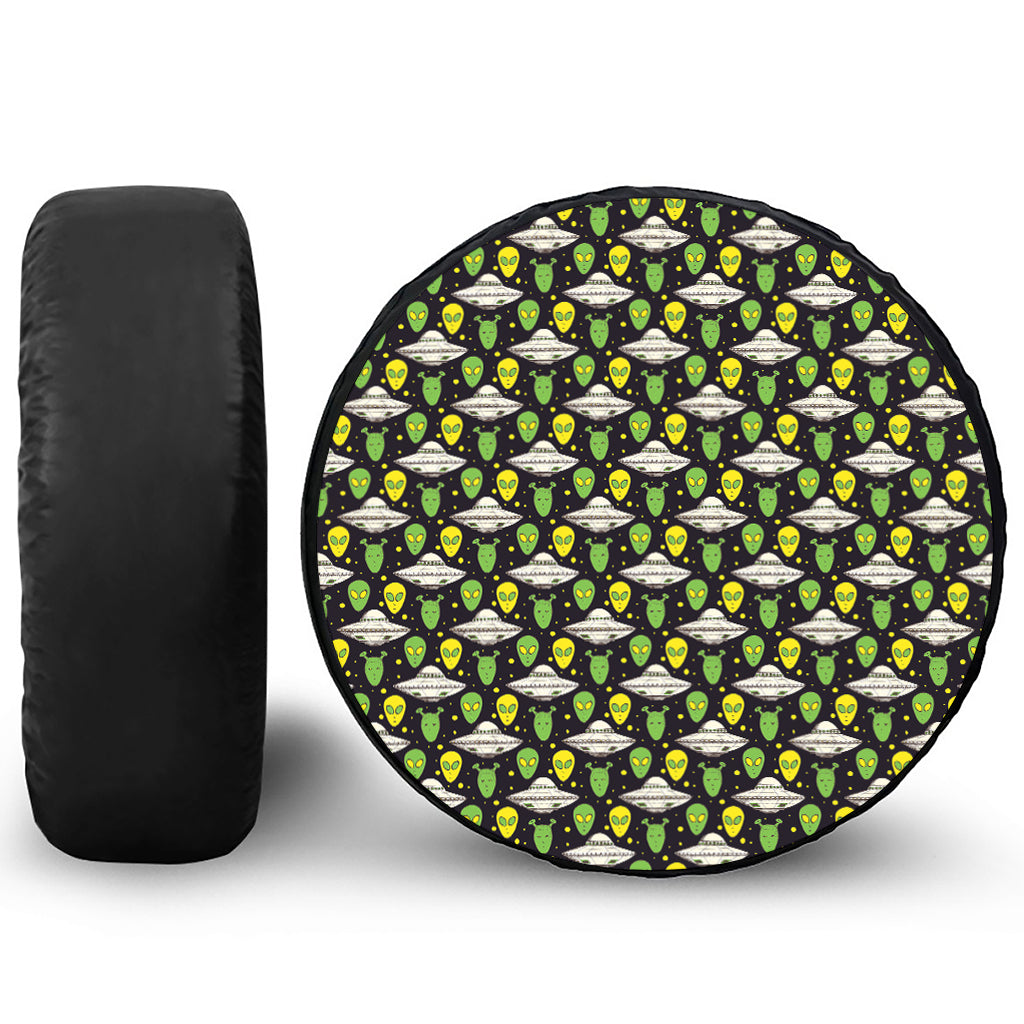 Green Alien UFO Space Print Leather Spare Tire Cover