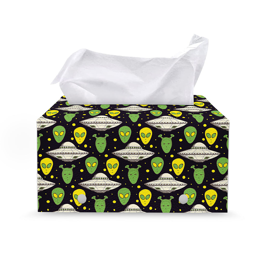 Green Alien UFO Space Print Leather Tissue Box Cover