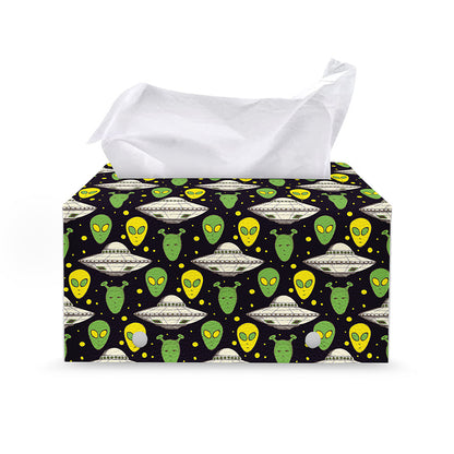 Green Alien UFO Space Print Leather Tissue Box Cover