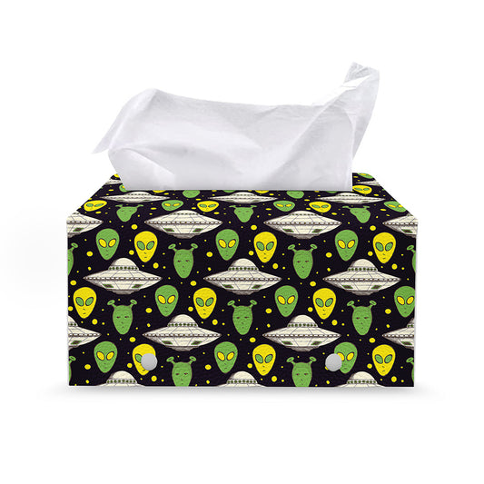 Green Alien UFO Space Print Leather Tissue Box Cover