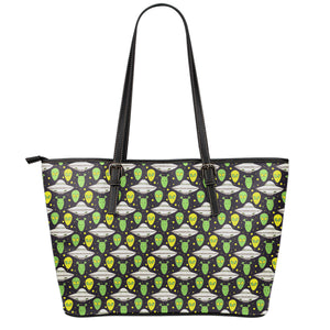 Green Alien UFO Space Print Leather Tote Bag