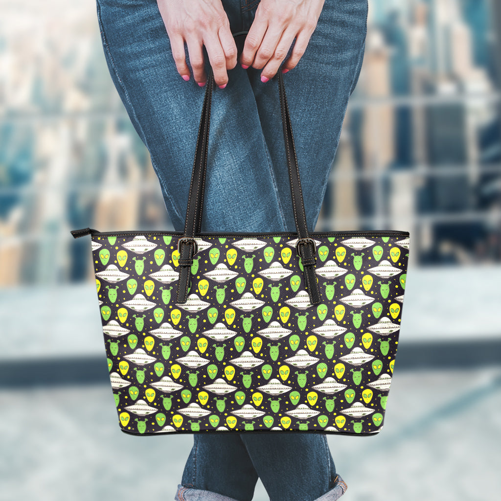 Green Alien UFO Space Print Leather Tote Bag