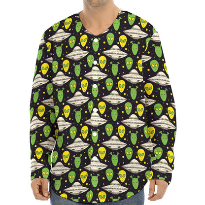 Green Alien UFO Space Print Long Sleeve Baseball Jersey