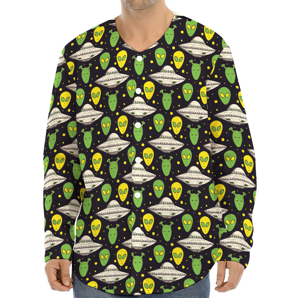 Green Alien UFO Space Print Long Sleeve Baseball Jersey