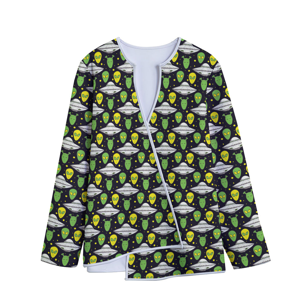 Green Alien UFO Space Print Long Sleeve Short Coat