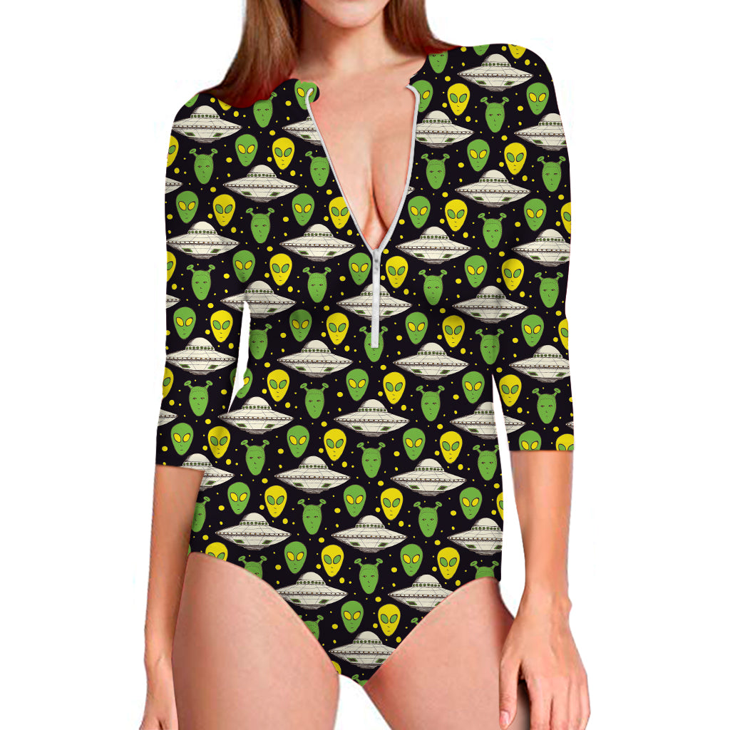 Green Alien UFO Space Print Long Sleeve Swimsuit