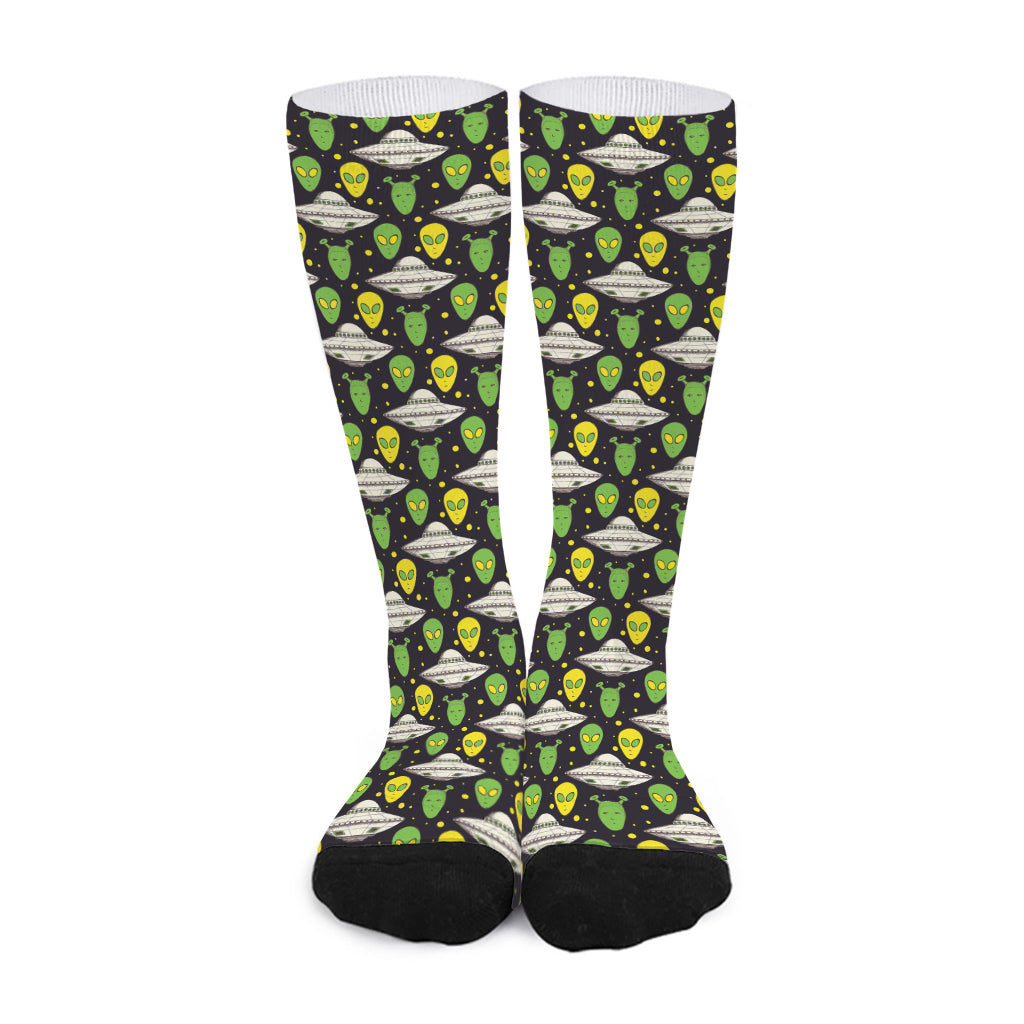 Green Alien UFO Space Print Long Socks