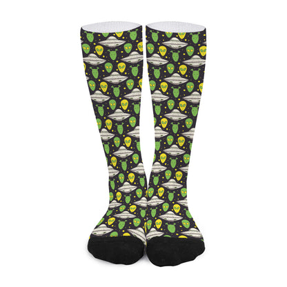 Green Alien UFO Space Print Long Socks