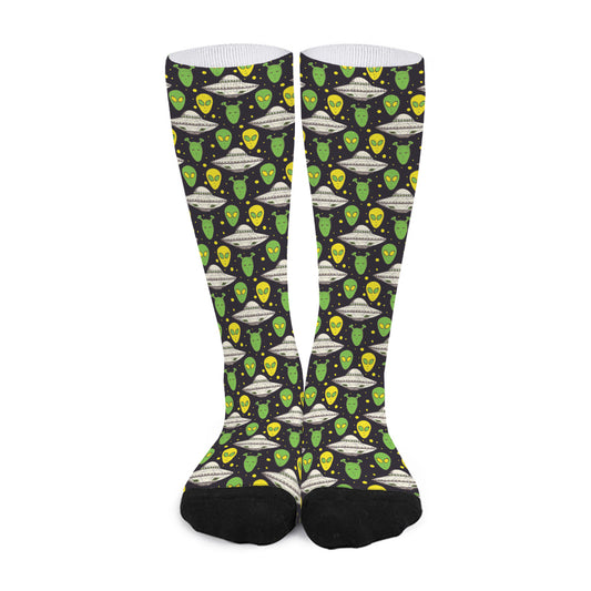Green Alien UFO Space Print Long Socks