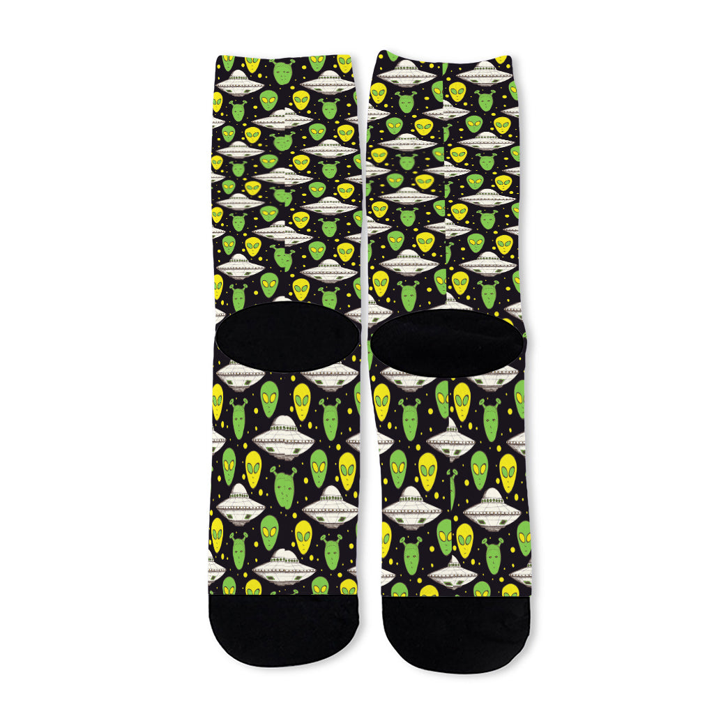 Green Alien UFO Space Print Long Socks
