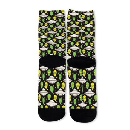 Green Alien UFO Space Print Long Socks
