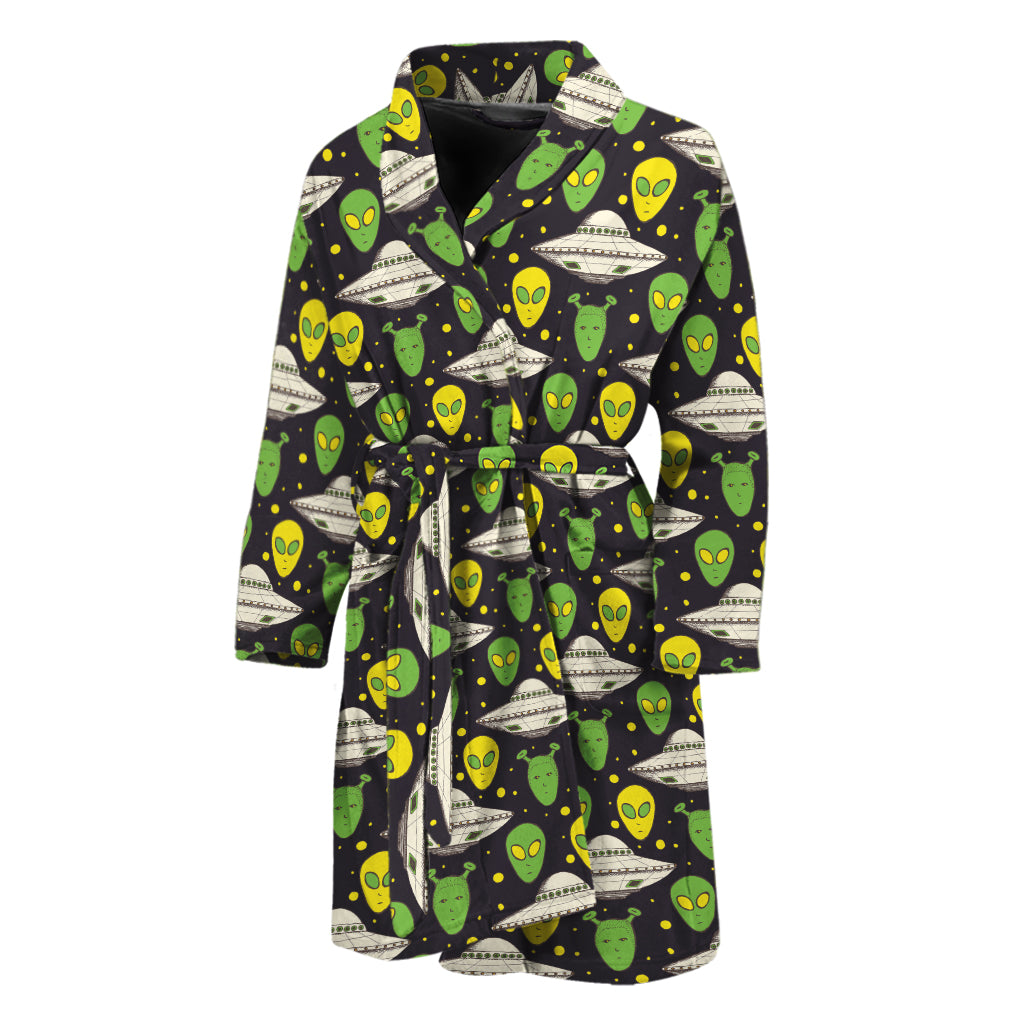 Green Alien UFO Space Print Men's Bathrobe