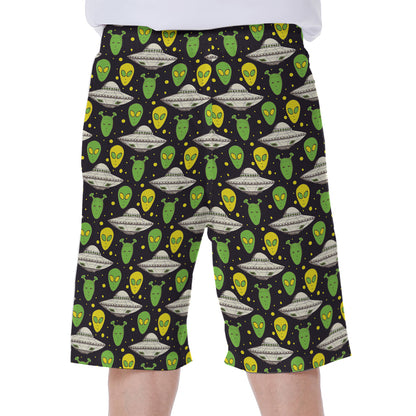 Green Alien UFO Space Print Men's Beach Shorts