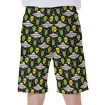Green Alien UFO Space Print Men's Beach Shorts