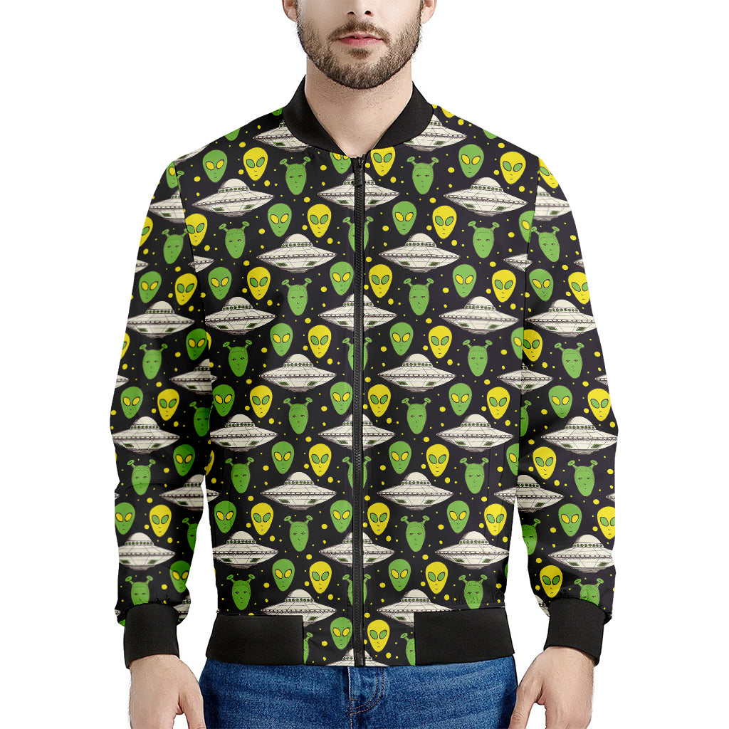 Green Alien UFO Space Print Men's Bomber Jacket