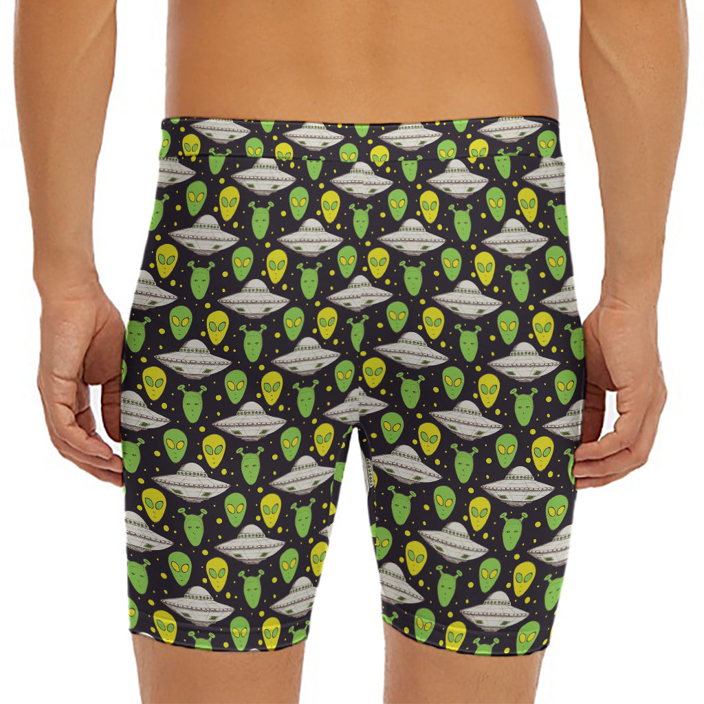 Green Alien UFO Space Print Men's Long Boxer Briefs