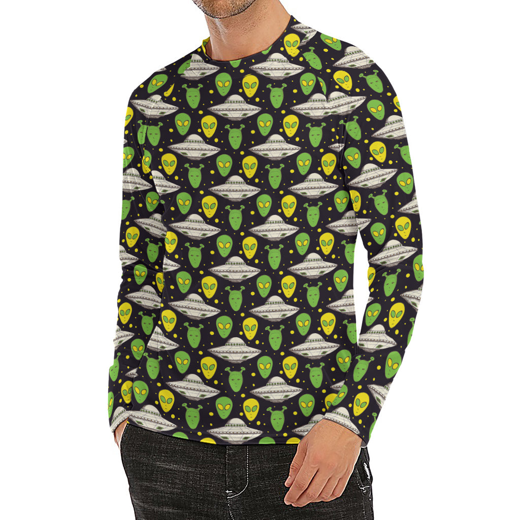 Green Alien UFO Space Print Men's Long Sleeve Rash Guard