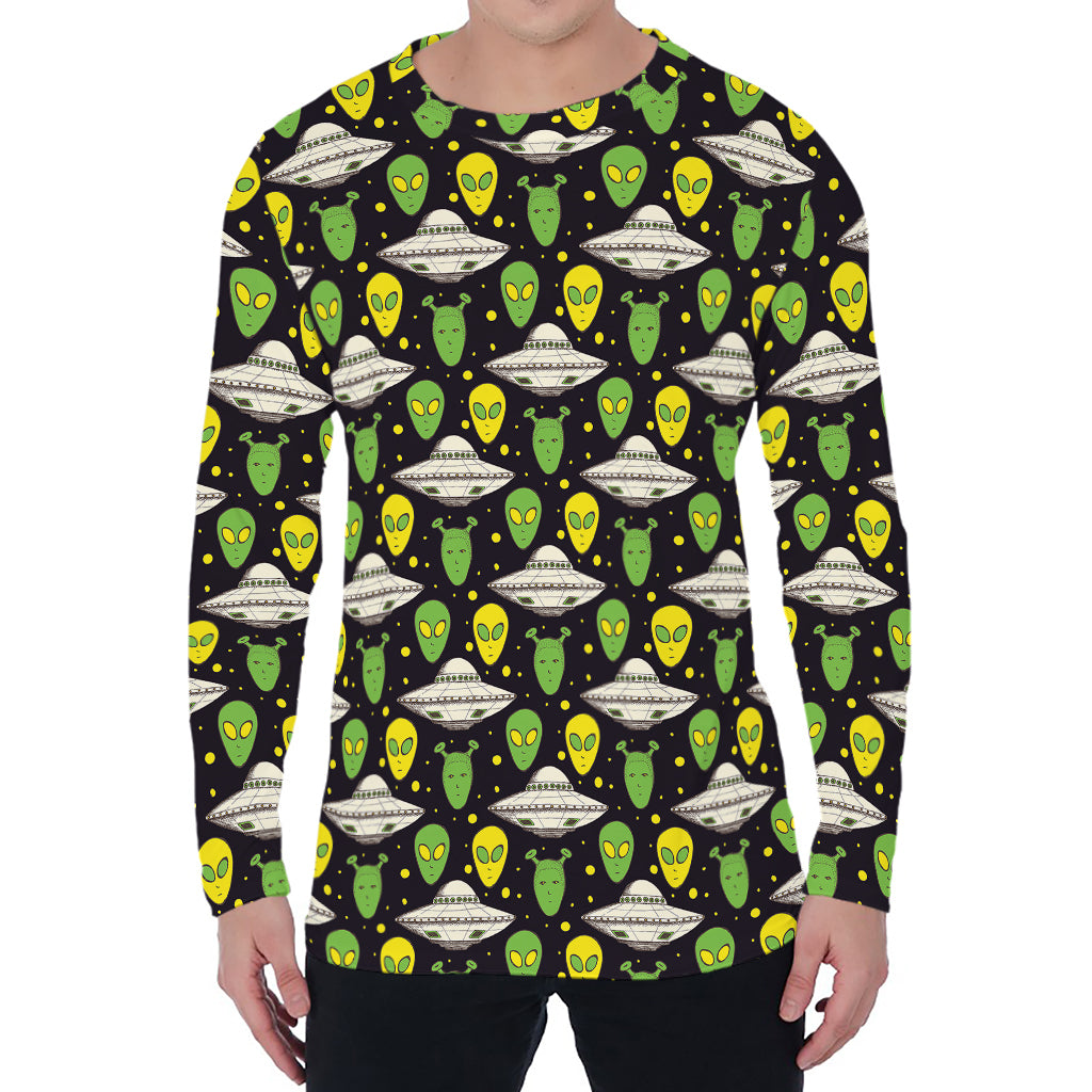 Green Alien UFO Space Print Men's Long Sleeve T-Shirt