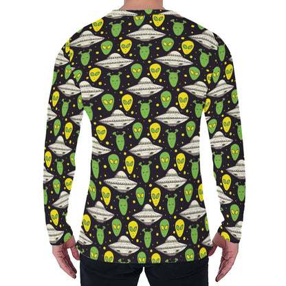 Green Alien UFO Space Print Men's Long Sleeve T-Shirt